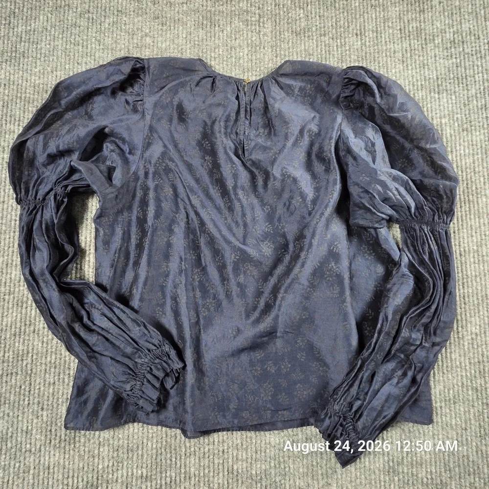 Ulla Johnson Navy Floral Silk Cotton Puff Sleeve Blouse Size 8 Smocked Cuffs